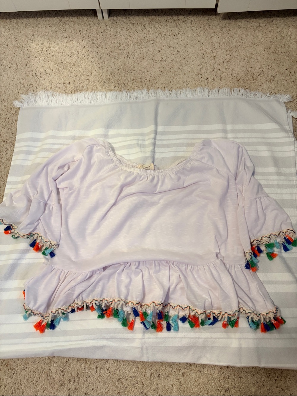 White multi-color Tassel-Trim Peplum Blouse